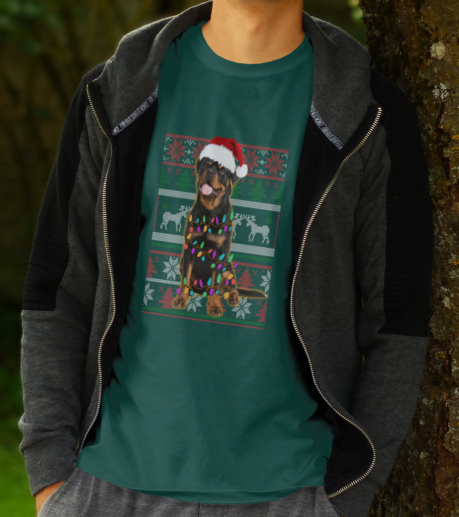 Rottweiler Christmas Lights Ugly Sweater Santa Hat Reindeer Snowflakes T-Shirt