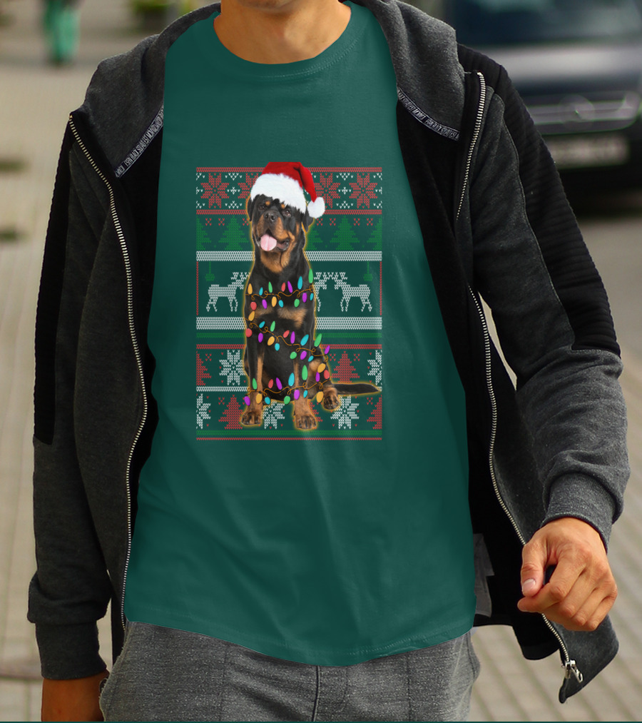 Rottweiler Christmas Lights Ugly Sweater Santa Hat Reindeer Snowflakes T-Shirt