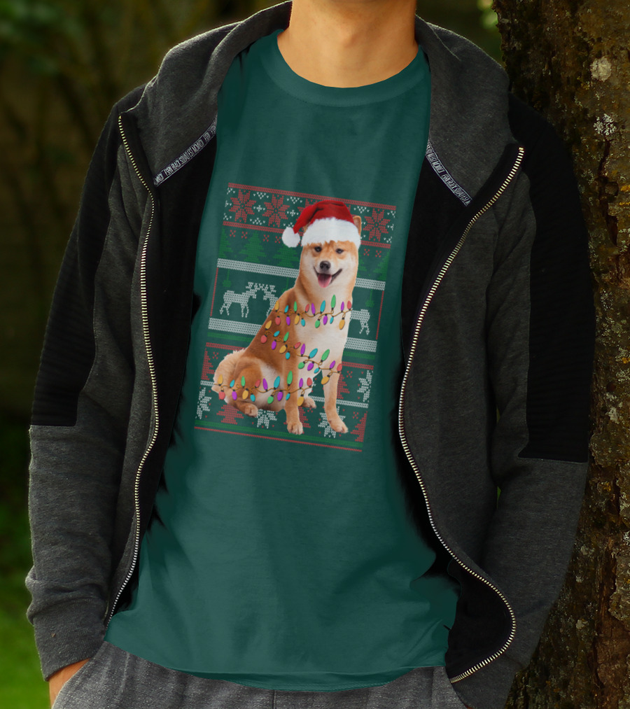 Shiba Inu Christmas Sweater Lights Santa Hat T-Shirt