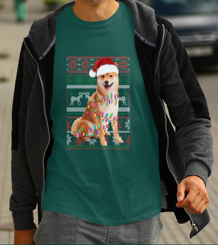 Shiba Inu Christmas Sweater Lights Santa Hat T-Shirt