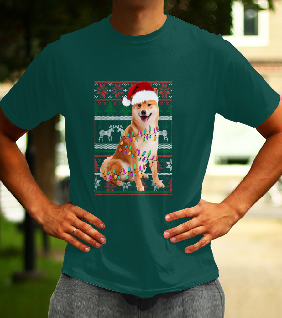 Shiba Inu Christmas Sweater Lights Santa Hat T-Shirt
