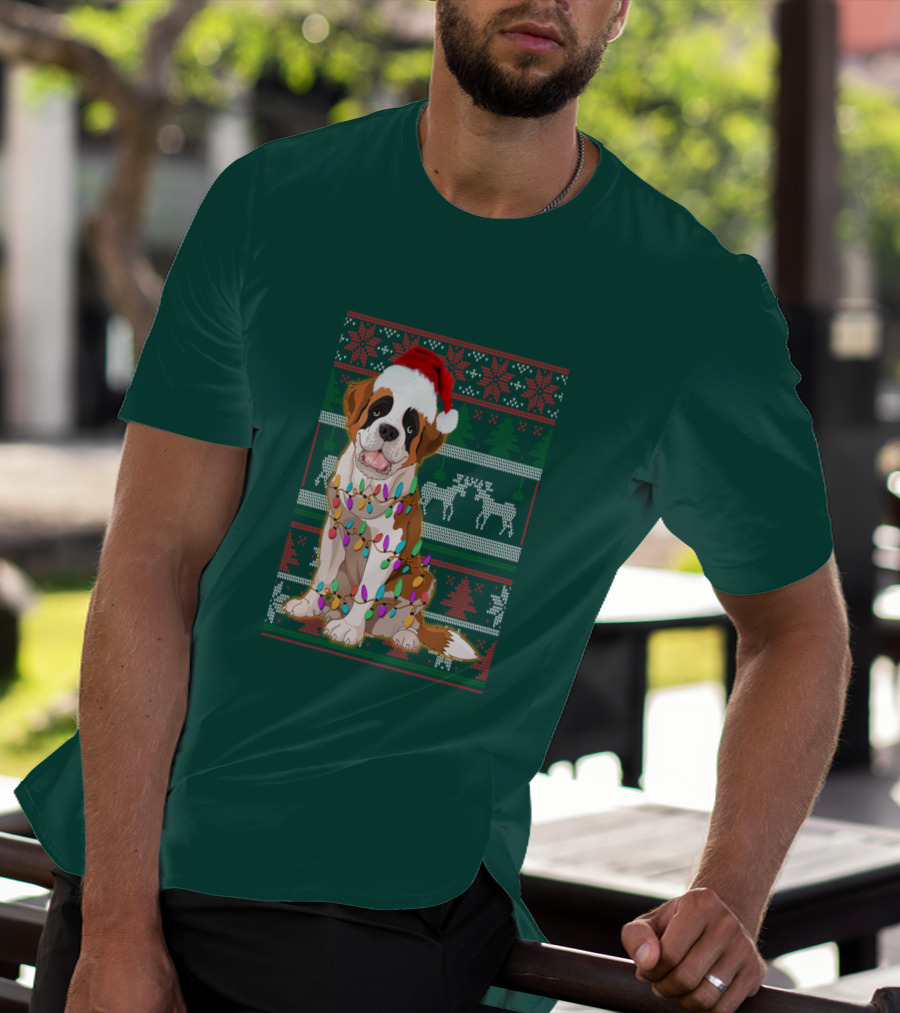 St Bernard Christmas Lights Ugly T-Shirt