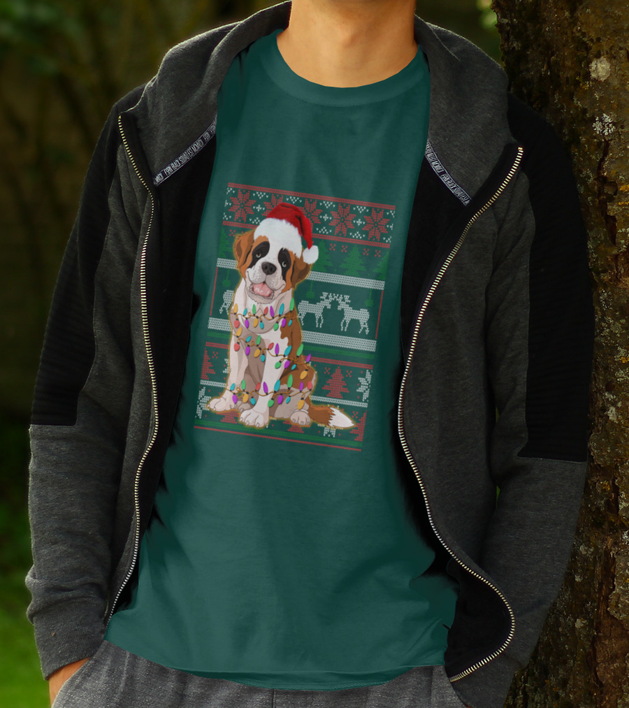 St Bernard Christmas Lights Ugly T-Shirt