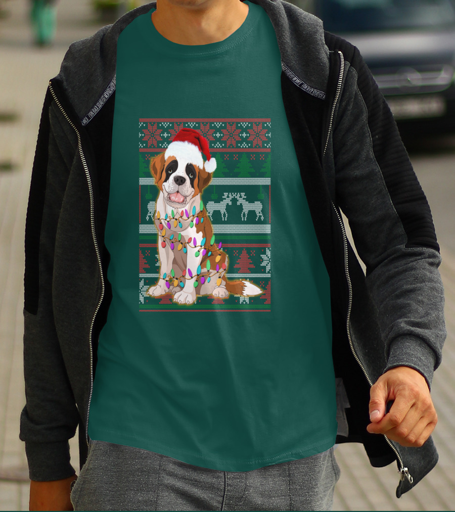 St Bernard Christmas Lights Ugly T-Shirt
