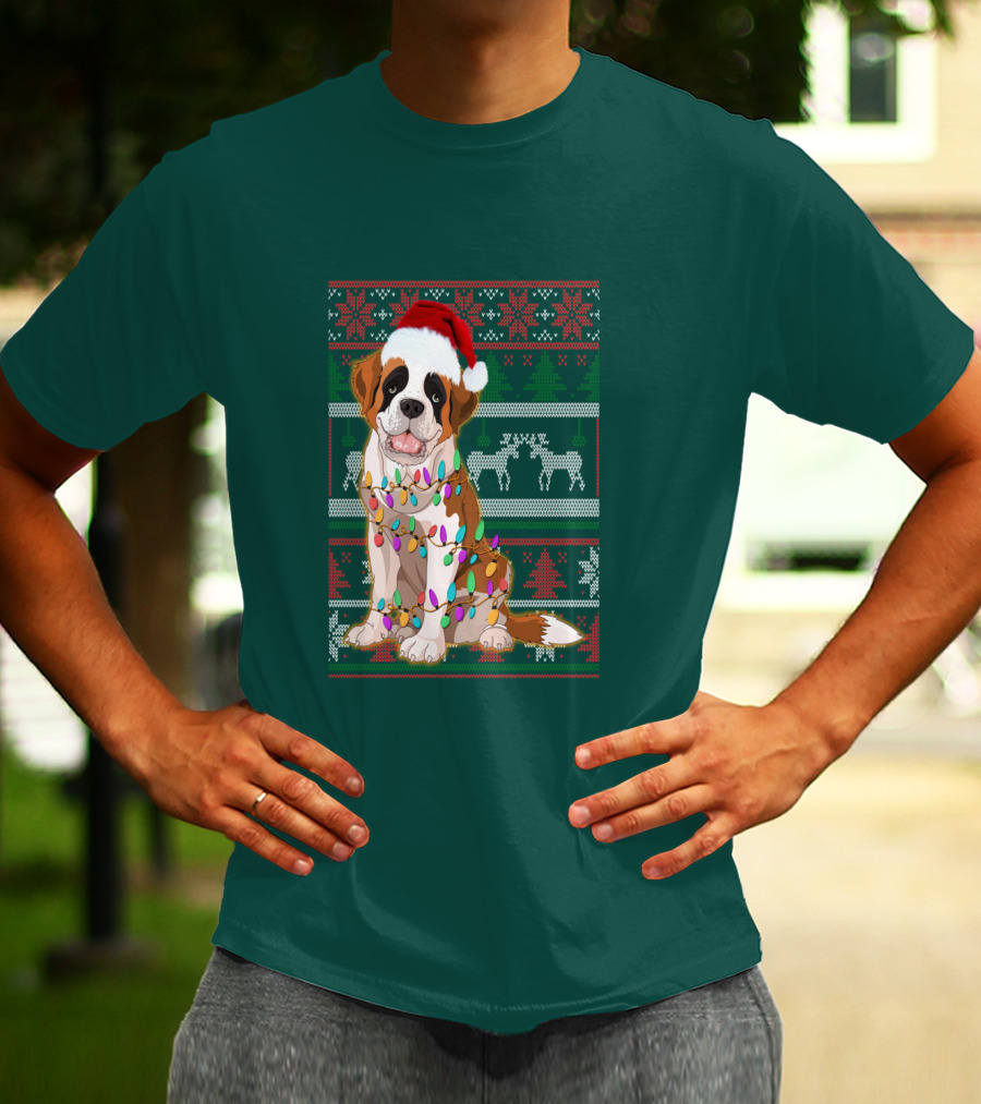 St Bernard Christmas Lights Ugly T-Shirt