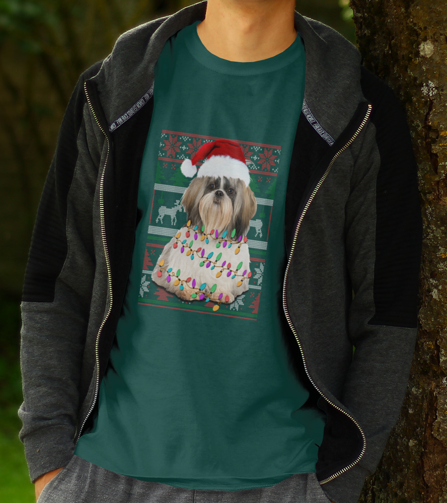 Shih Tzu Christmas Lights Santa Hat Holiday T-Shirt