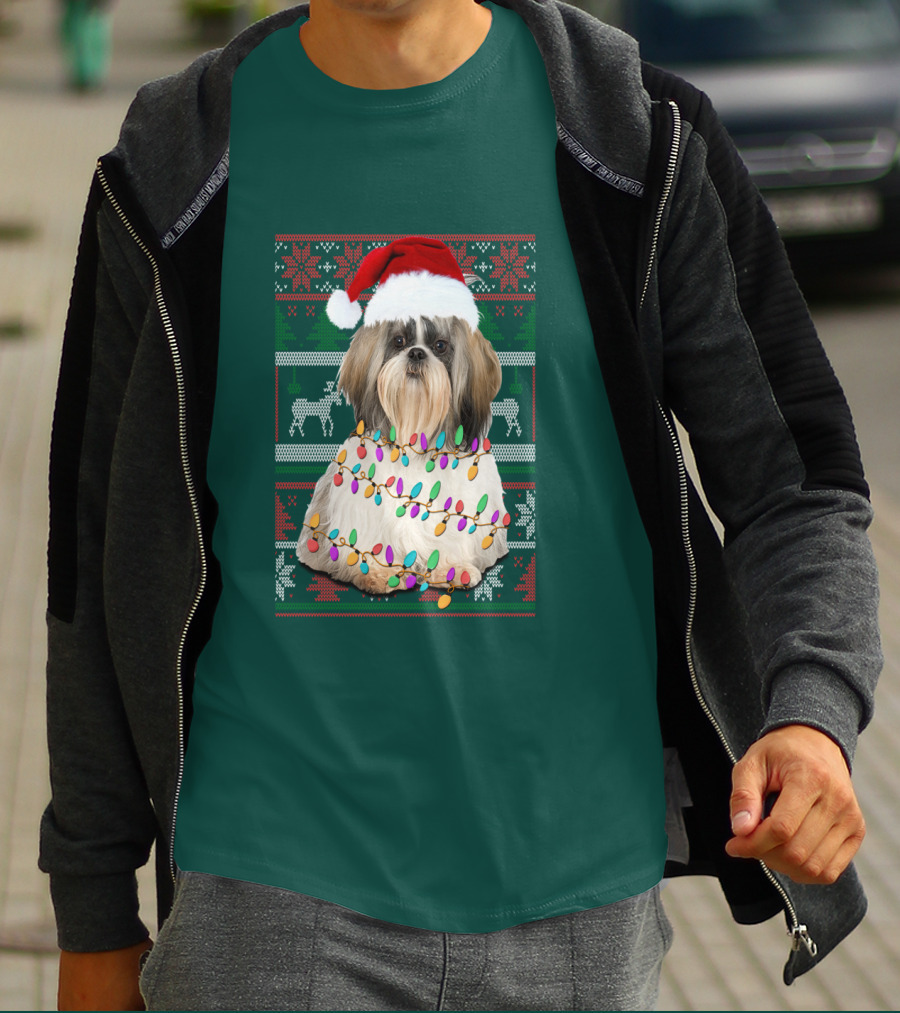 Shih Tzu Christmas Lights Santa Hat Holiday T-Shirt