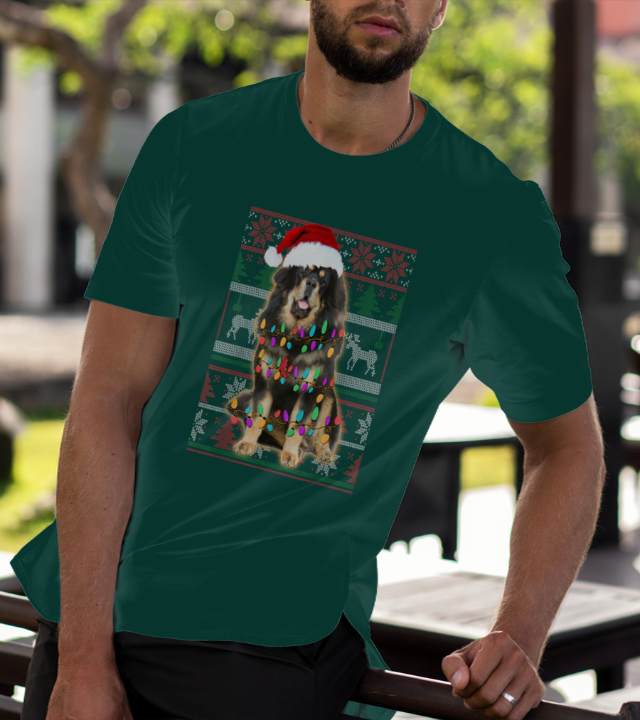 Tibetan Mastiff Christmas Sweater With Lights And Santa Hat T-Shirt