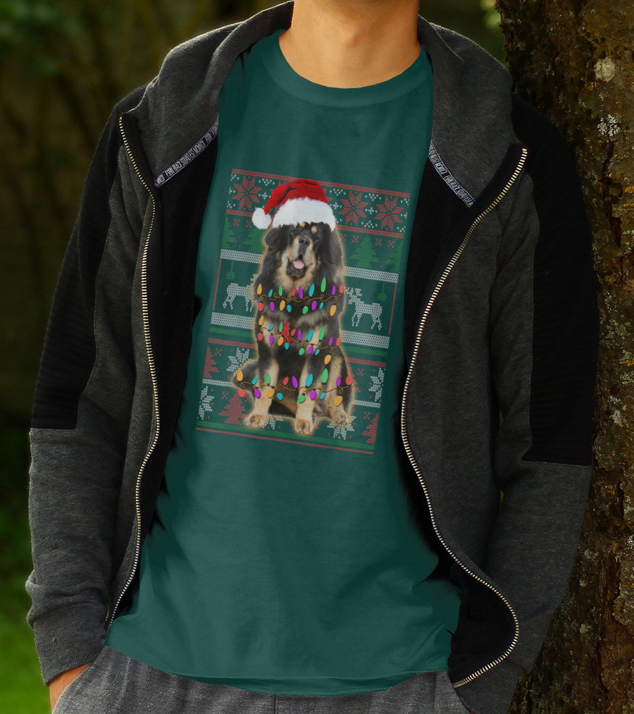 Tibetan Mastiff Christmas Sweater With Lights And Santa Hat T-Shirt