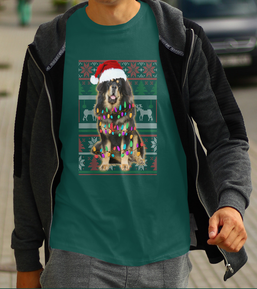 Tibetan Mastiff Christmas Sweater With Lights And Santa Hat T-Shirt