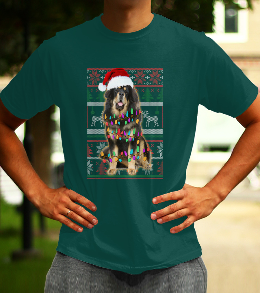 Tibetan Mastiff Christmas Sweater With Lights And Santa Hat T-Shirt
