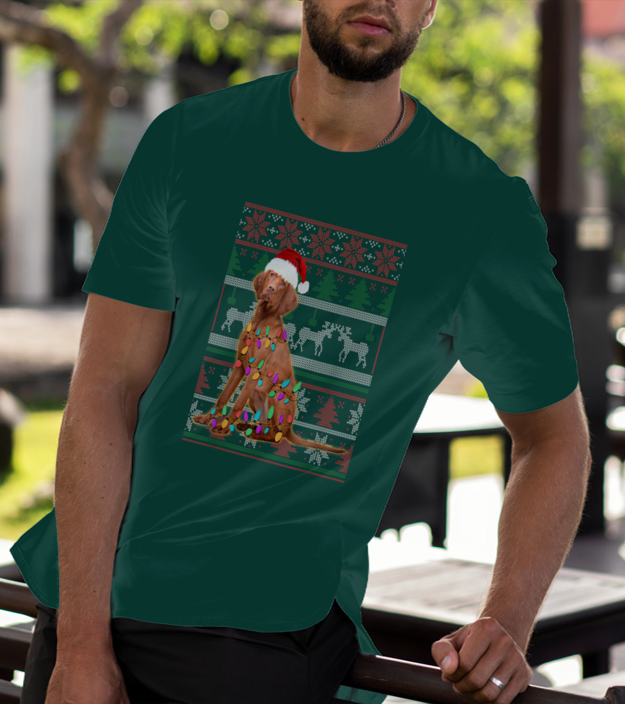 Vizsla Christmas Lights Santa Hat Ugly T-Shirt