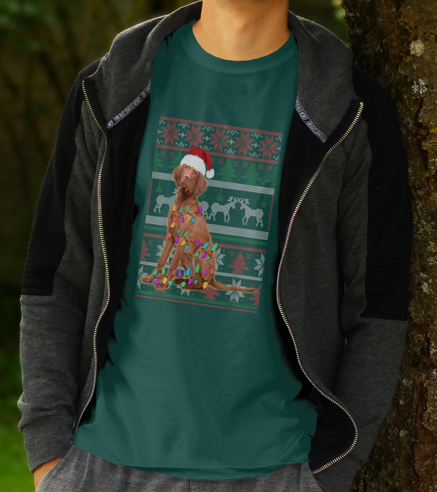 Vizsla Christmas Lights Santa Hat Ugly T-Shirt