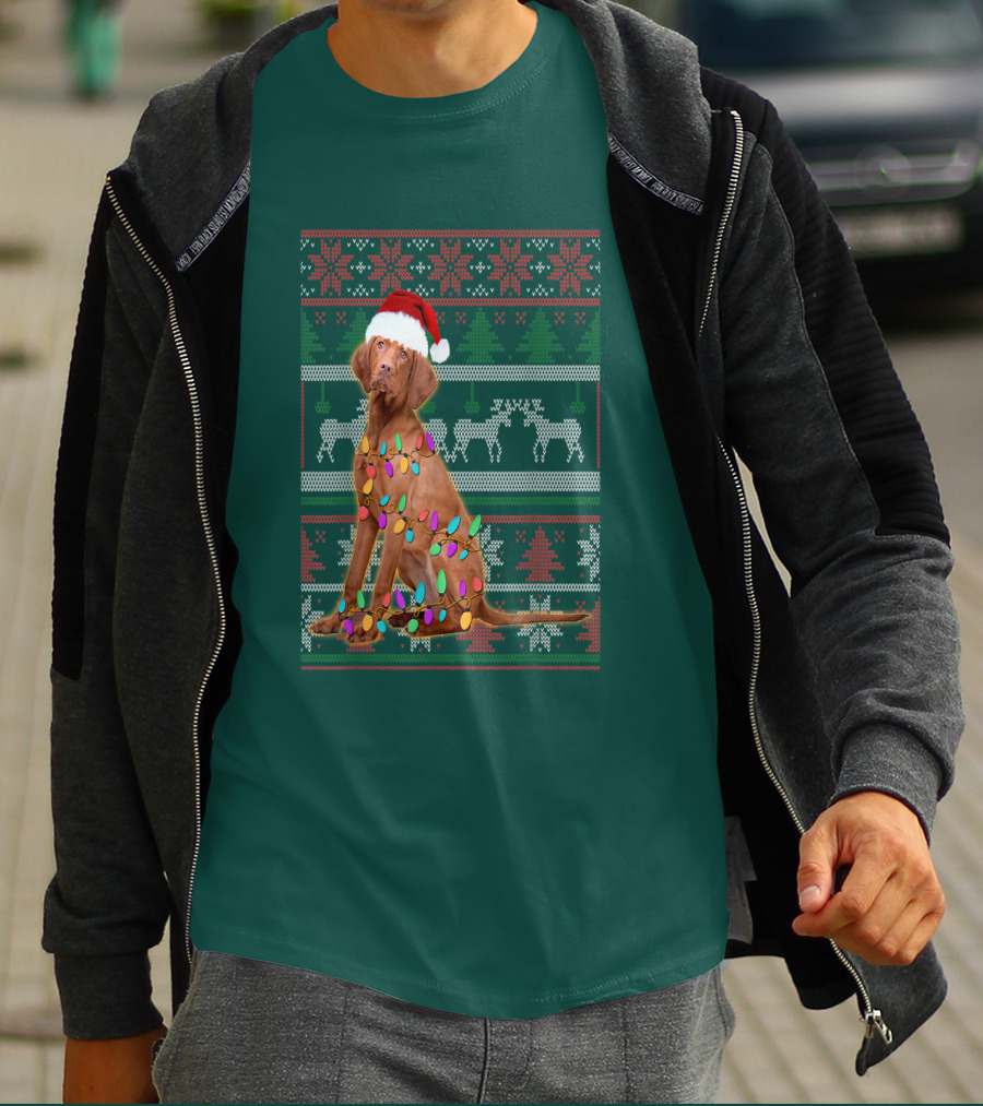 Vizsla Christmas Lights Santa Hat Ugly T-Shirt