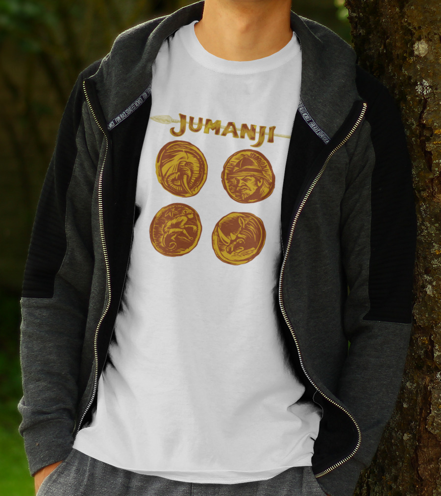 Jumanji Character Portrait Coins And Spear Sketch T-Shirt