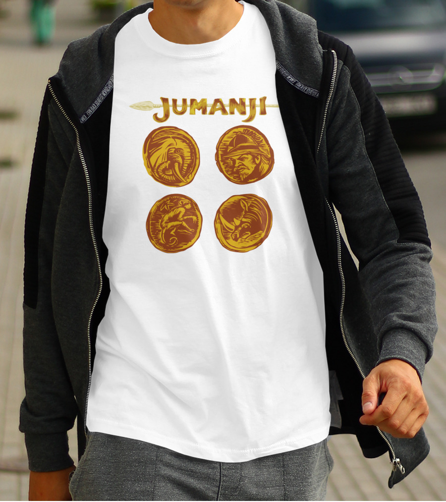 Jumanji Character Portrait Coins And Spear Sketch T-Shirt