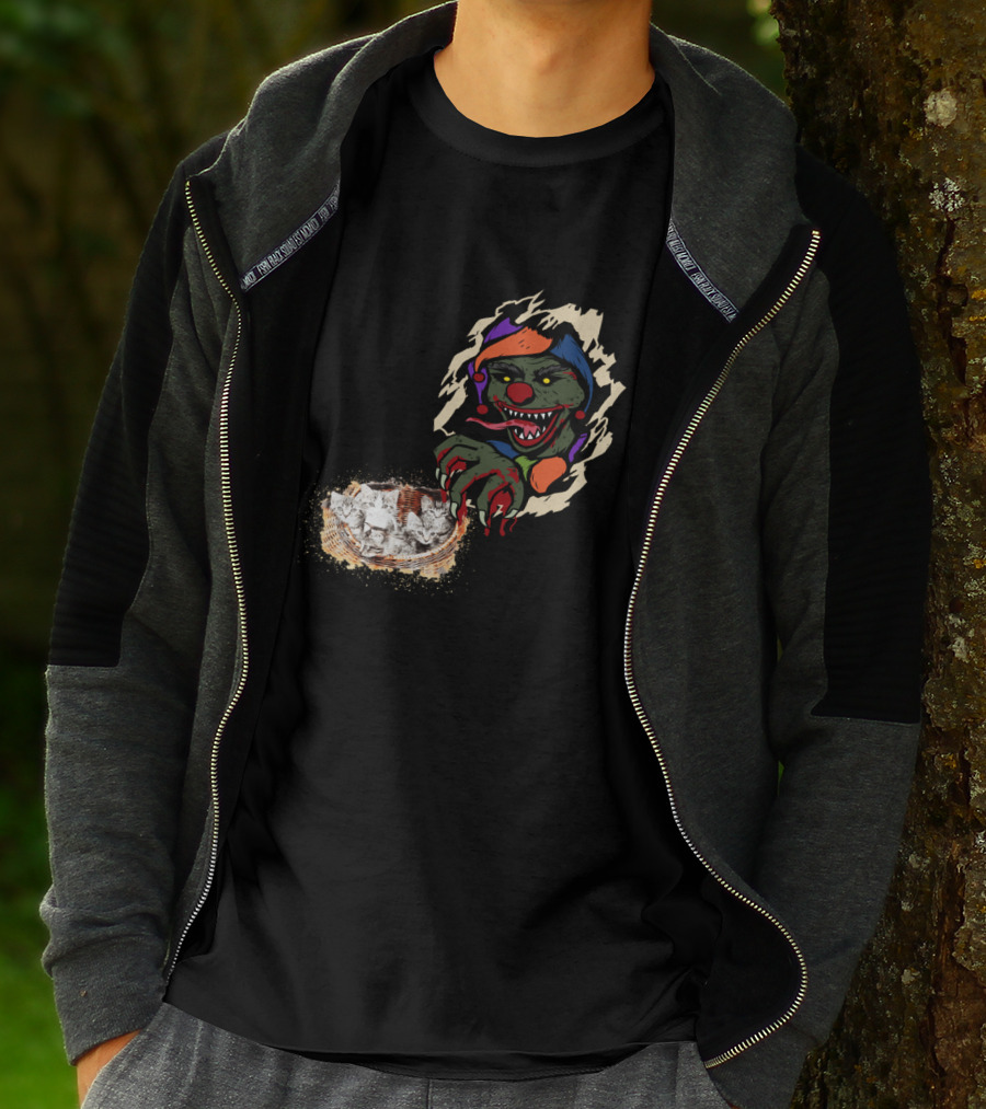 Creepy Joker Clown And Adorable Kittens Popping Out Of Torn Hole T-Shirt