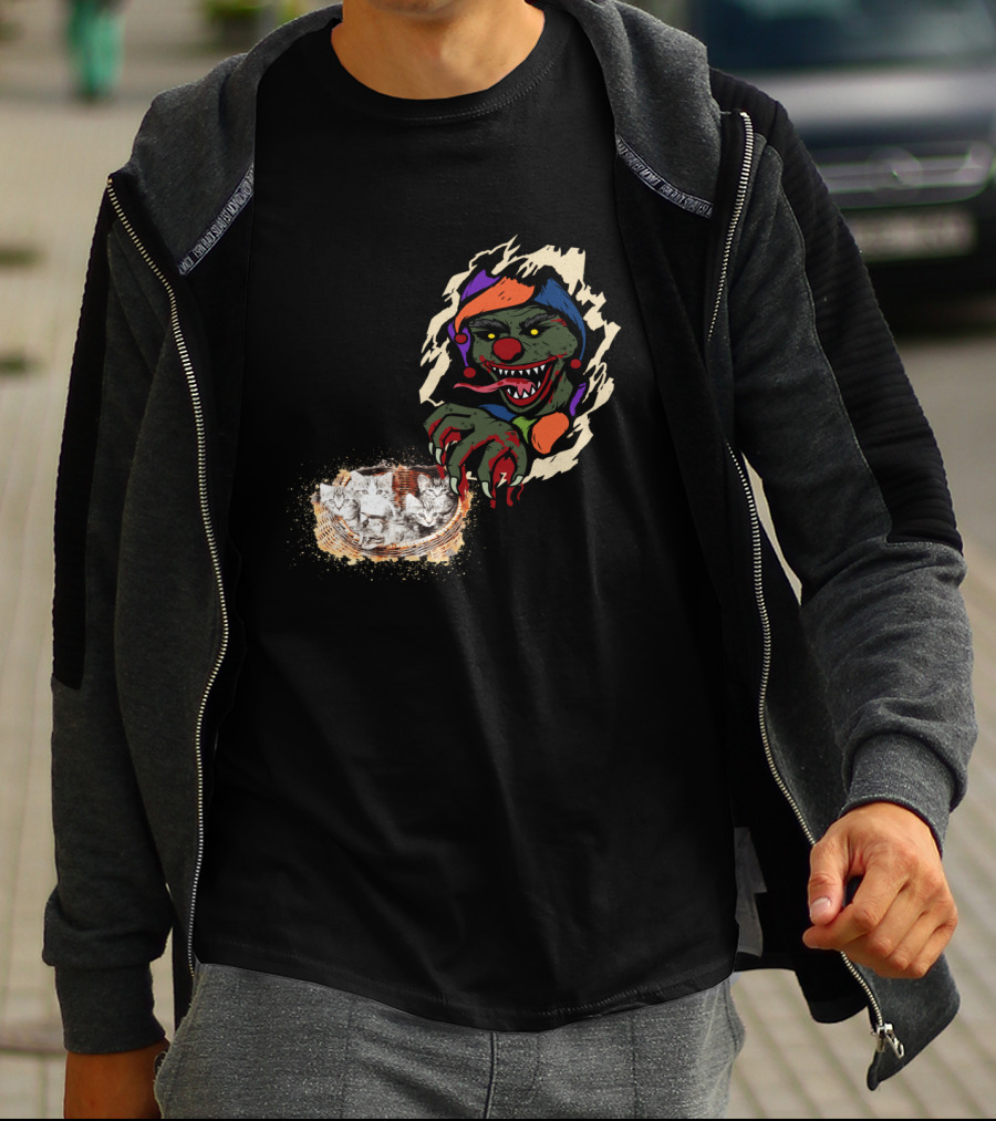 Creepy Joker Clown And Adorable Kittens Popping Out Of Torn Hole T-Shirt