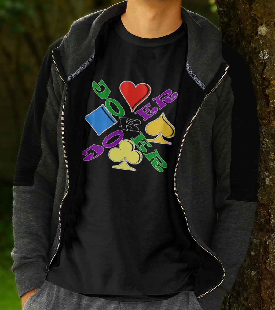 Rainbow Colored Joker Heart Spade Club Diamond Playing Cards T-Shirt