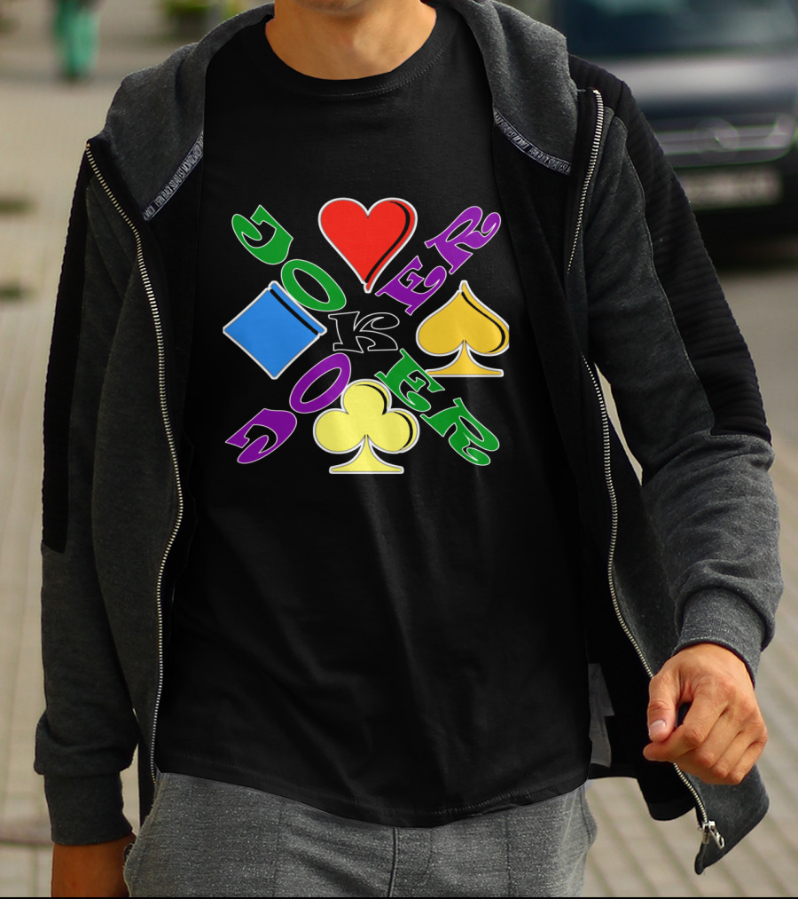 Rainbow Colored Joker Heart Spade Club Diamond Playing Cards T-Shirt