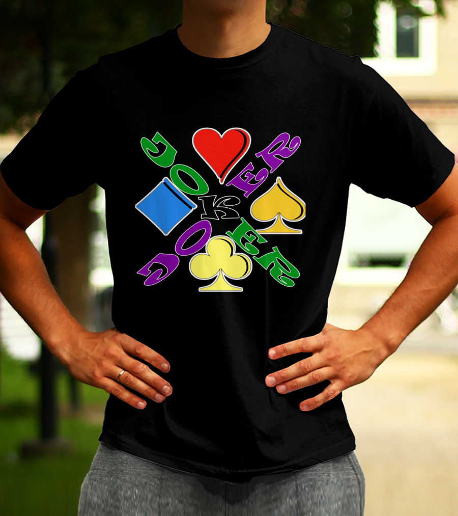 Rainbow Colored Joker Heart Spade Club Diamond Playing Cards T-Shirt