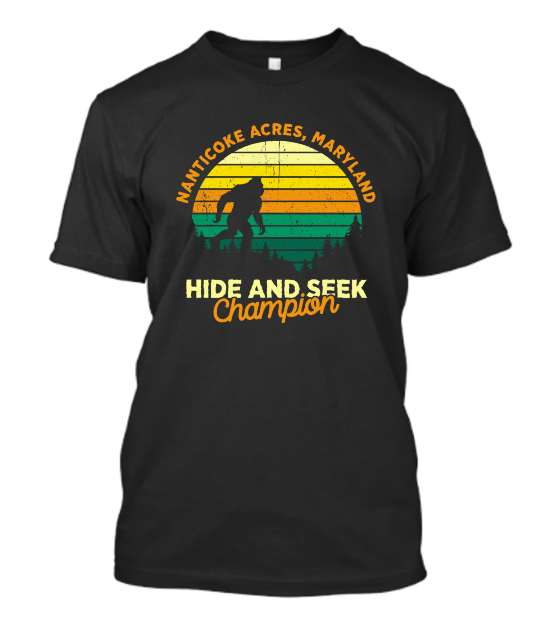 Nanticoke Acres Maryland Bigfoot Hide And Seek Champion Retro Sunset T-Shirt