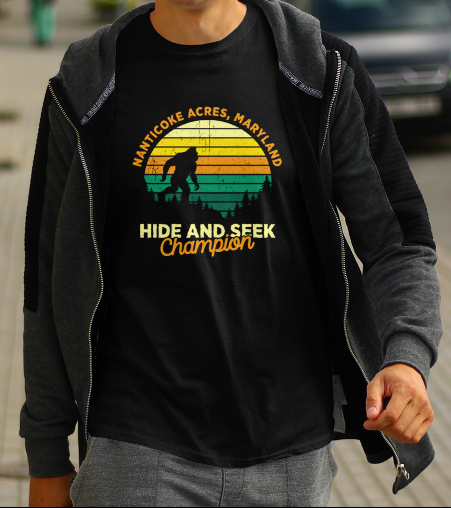 Nanticoke Acres Maryland Bigfoot Hide And Seek Champion Retro Sunset T-Shirt