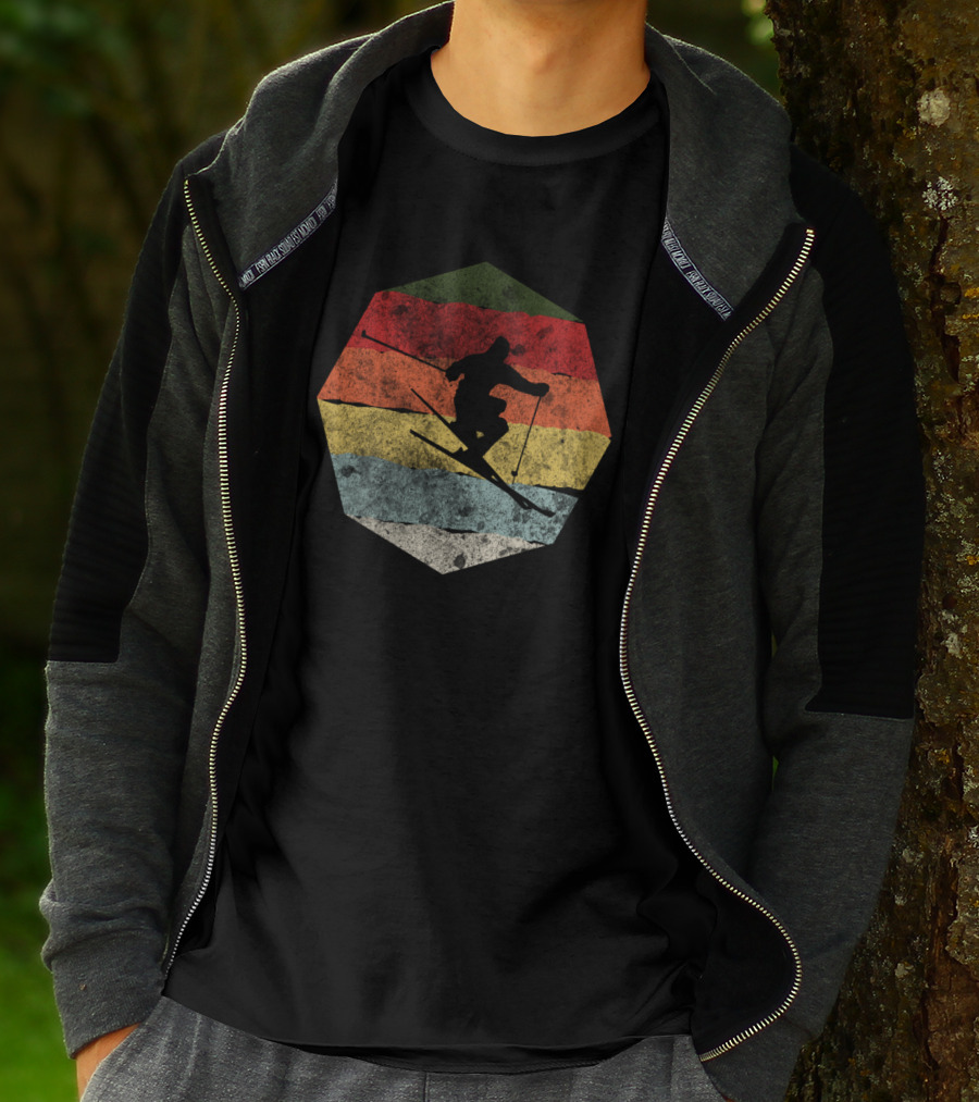 Vintage Winter Skier Birthday Hexagonal Retro Stripes T-Shirt