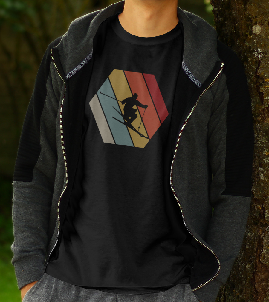 Funny Vintage Skier Hexagonal Stripes Winter T-Shirt