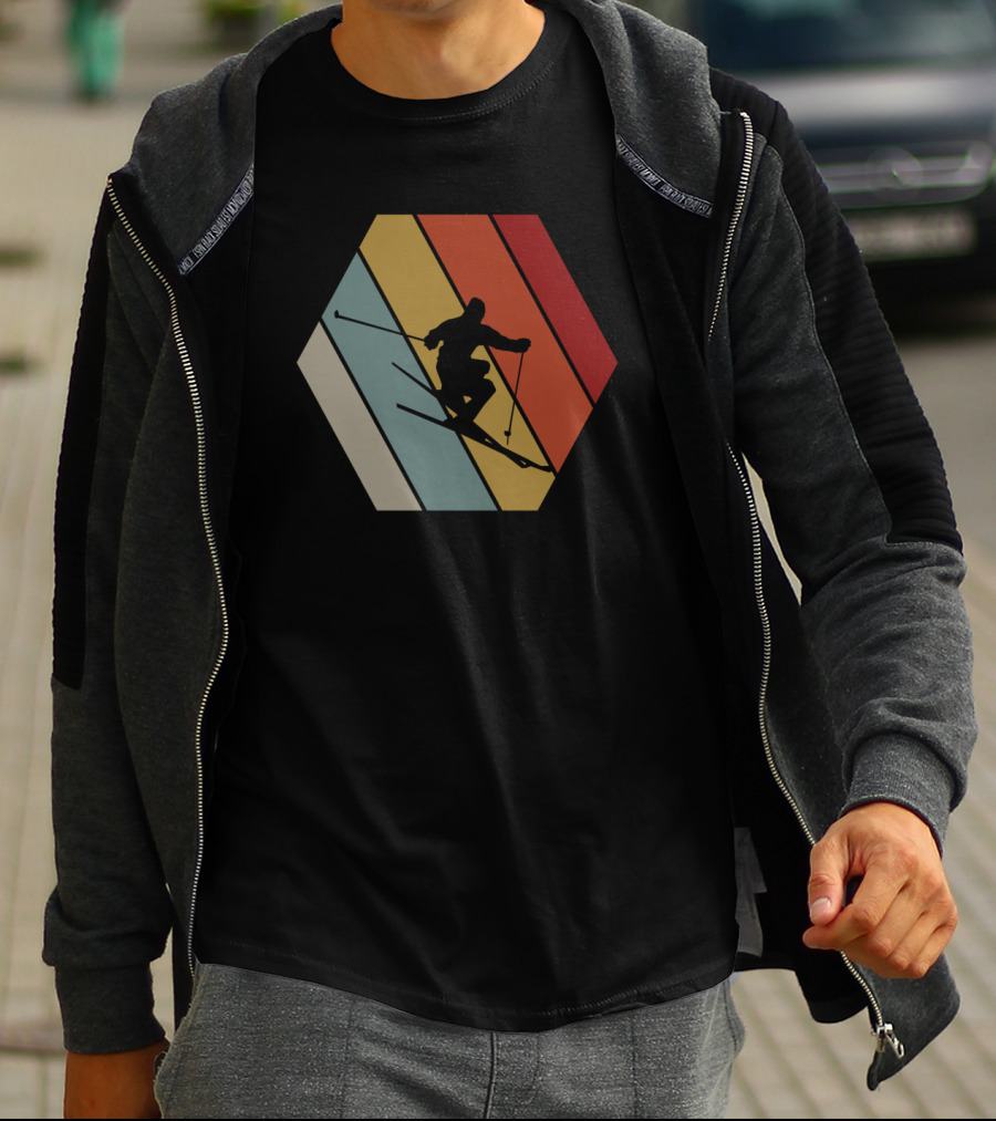 Funny Vintage Skier Hexagonal Stripes Winter T-Shirt
