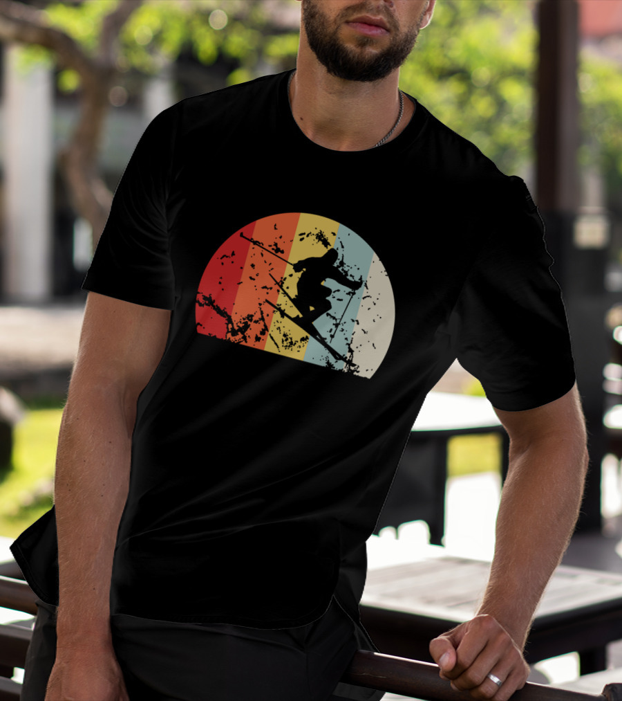 Retro Vintage Skiing Silhouette With Colorful Sunset Stripes T-Shirt