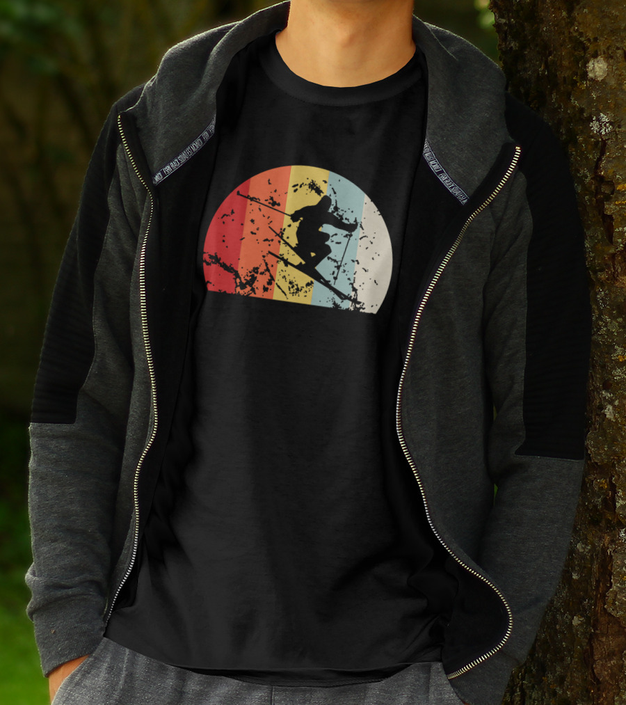 Retro Vintage Skiing Silhouette With Colorful Sunset Stripes T-Shirt