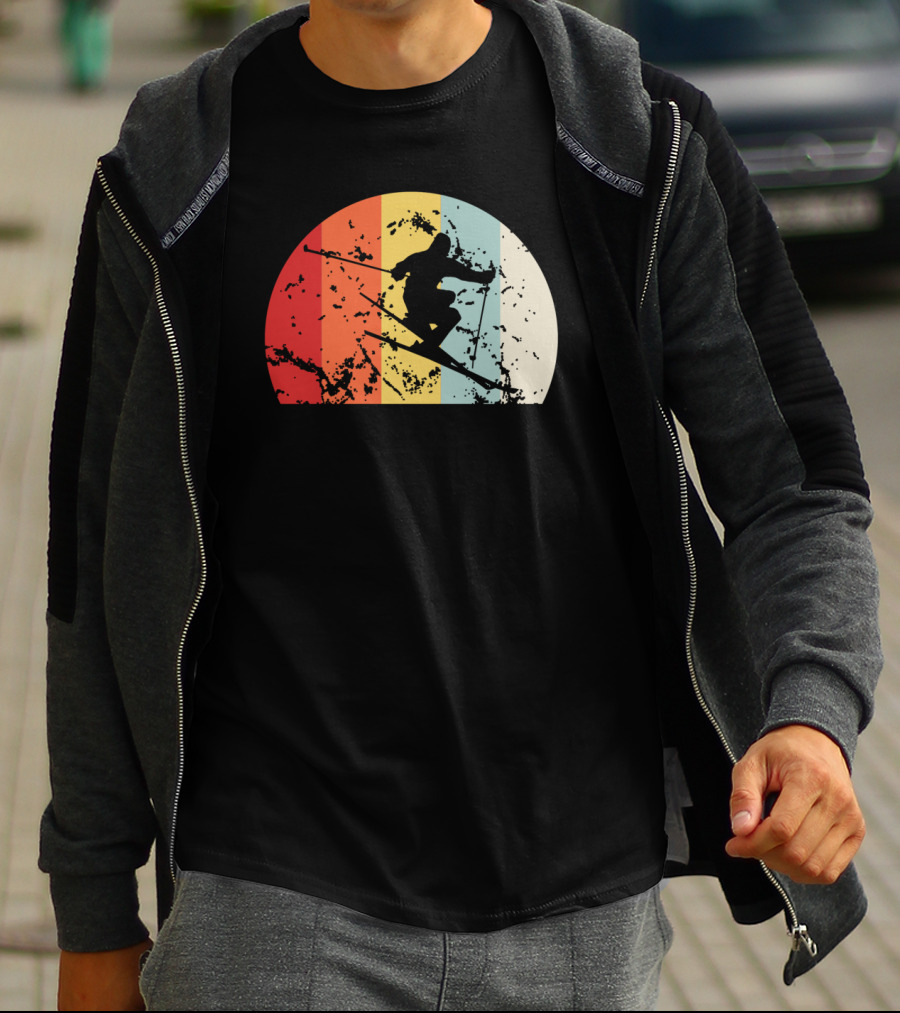 Retro Vintage Skiing Silhouette With Colorful Sunset Stripes T-Shirt