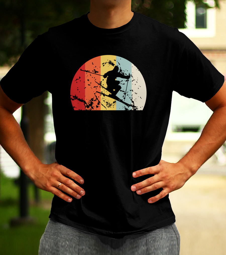 Retro Vintage Skiing Silhouette With Colorful Sunset Stripes T-Shirt