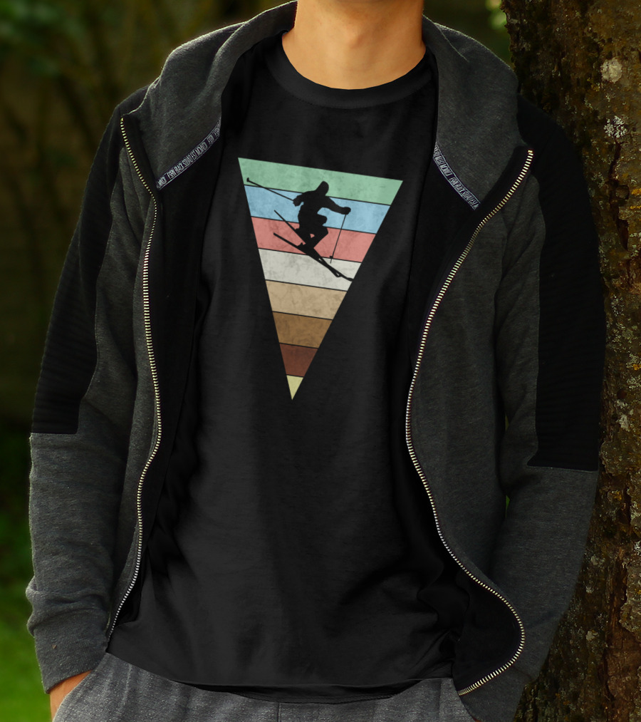 Skiing Vintage Print Silhouette With Retro Stripes For Skiers T-Shirt