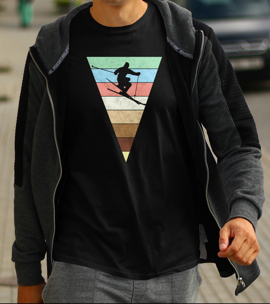 Skiing Vintage Print Silhouette With Retro Stripes For Skiers T-Shirt
