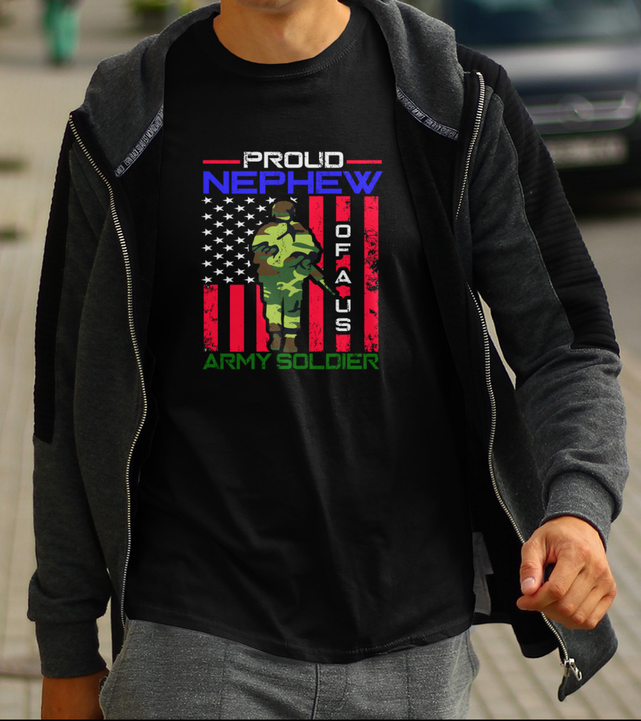 Proud Nephew Of A US Army Soldier American Flag Background T-Shirt