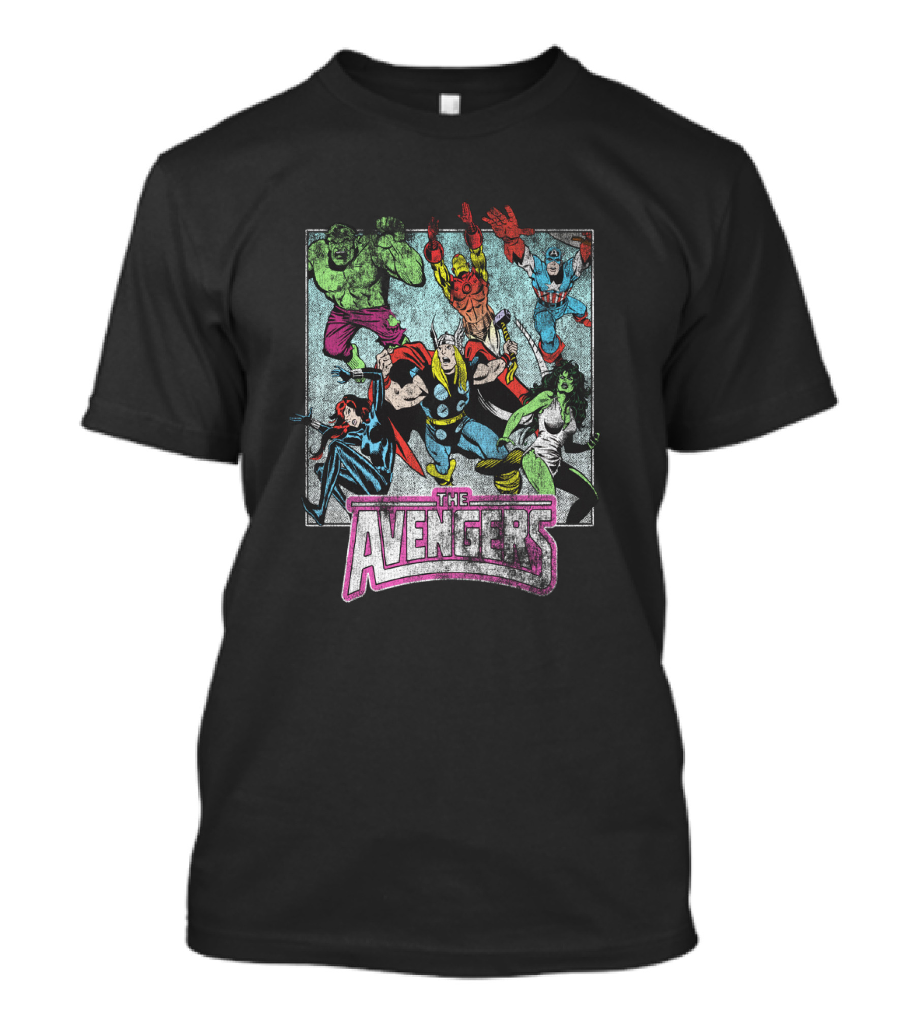 Marvel Avengers The Hulk Thor Captain America Iron Man Black Widow She-Hulk Classic Group Action T-Shirt