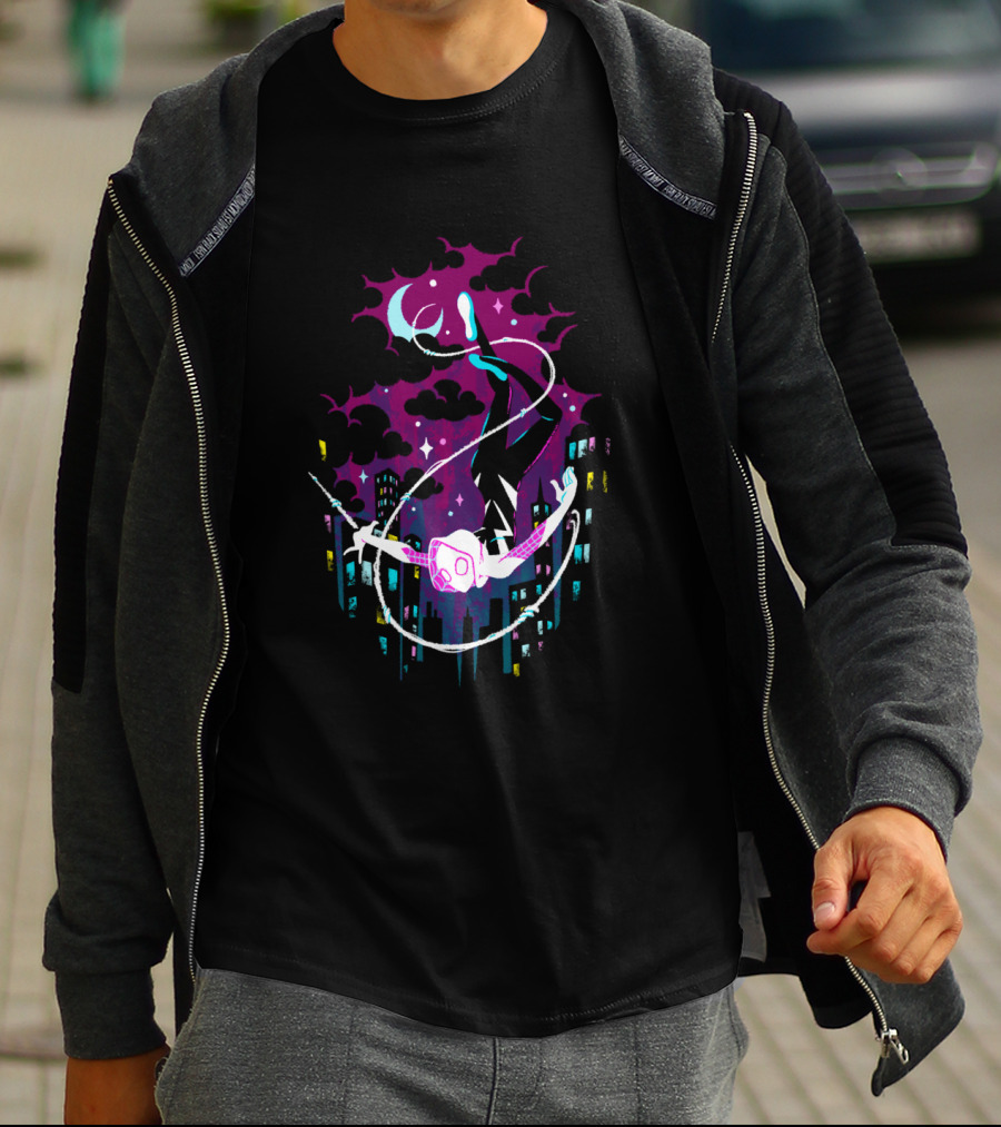 Marvel Ghost Spider Swinging Through Neon City Skyline T-Shirt