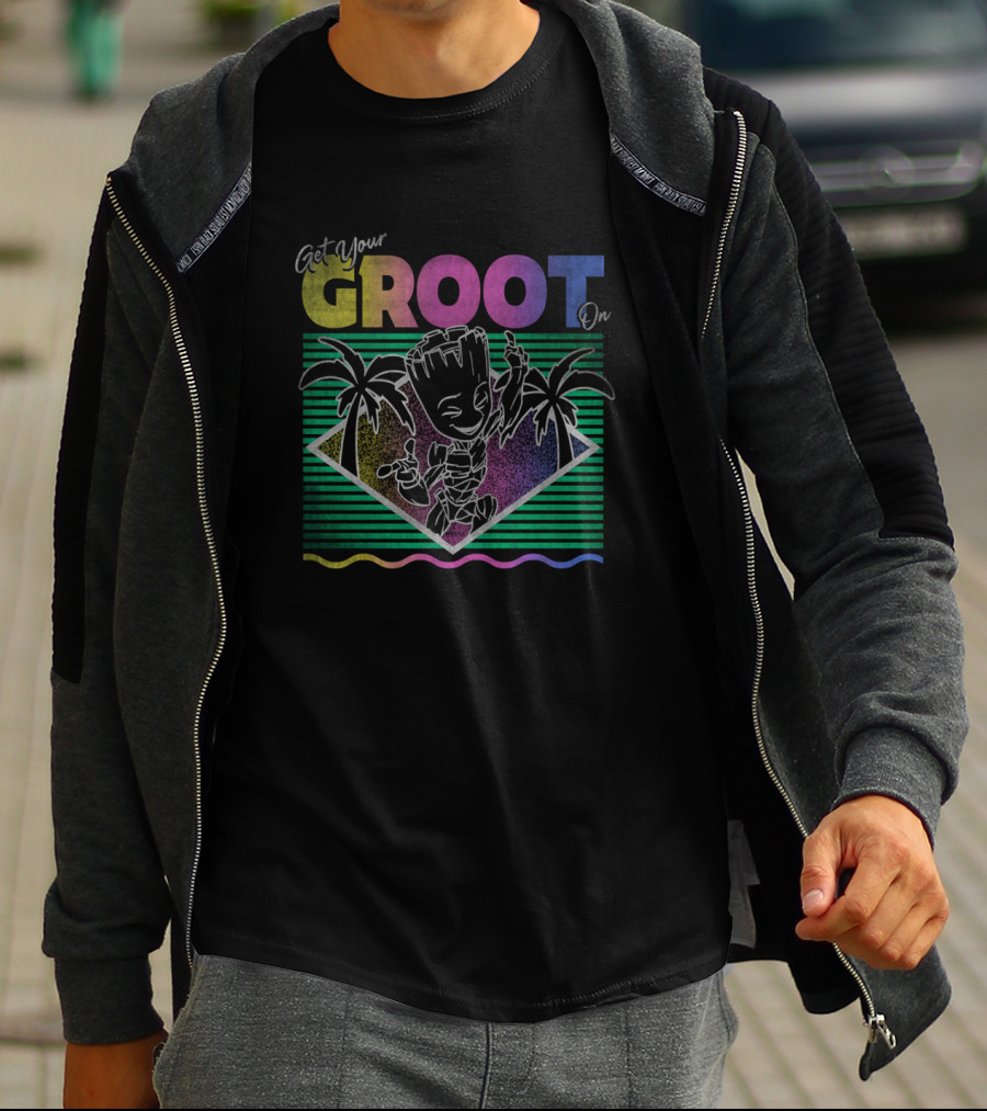 Marvel Guardians Of The Galaxy Get Your Groot On Retro Neon Palm Trees T-Shirt