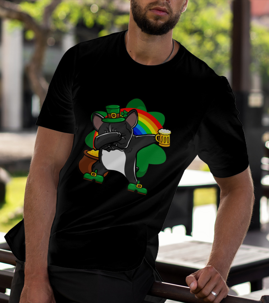 French Bulldog Dabbing Shamrock Rainbow St Patrick's Day T-Shirt