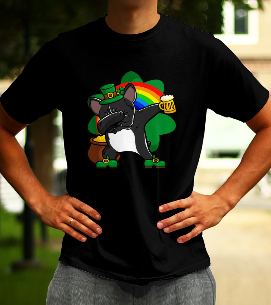 French Bulldog Dabbing Shamrock Rainbow St Patrick's Day T-Shirt