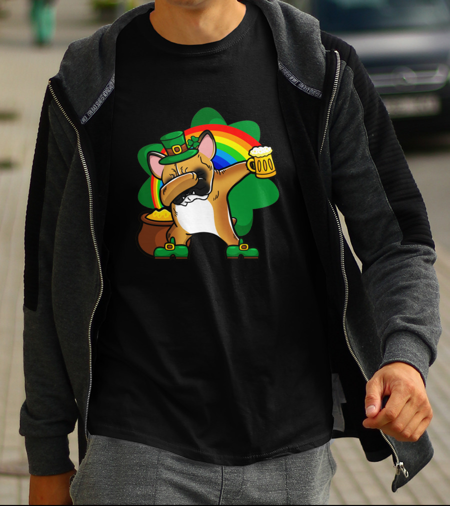 French Bulldog Dabbing Leprechaun With Beer And Rainbow St Patrick's Day T-Shirt
