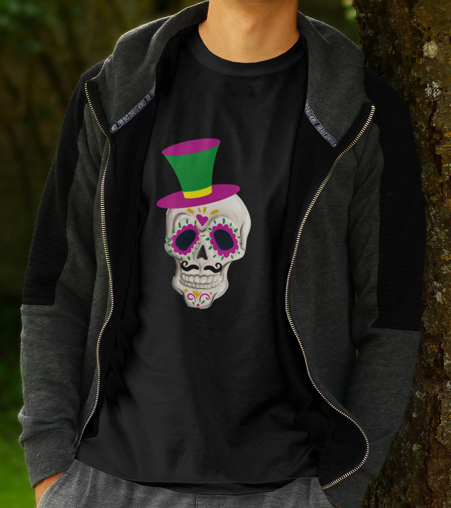 Mardi Gras Day Colorful Male Skull With Green And Pink Hat T-Shirt