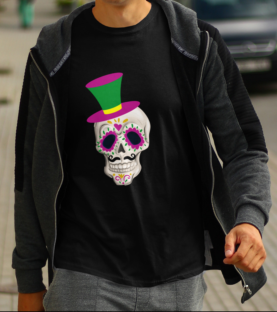 Mardi Gras Day Colorful Male Skull With Green And Pink Hat T-Shirt