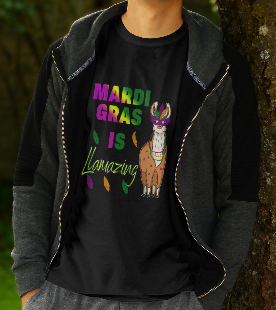 Mardi Gras Is Llamazing Colorful Llama With Mask And Feathers T-Shirt