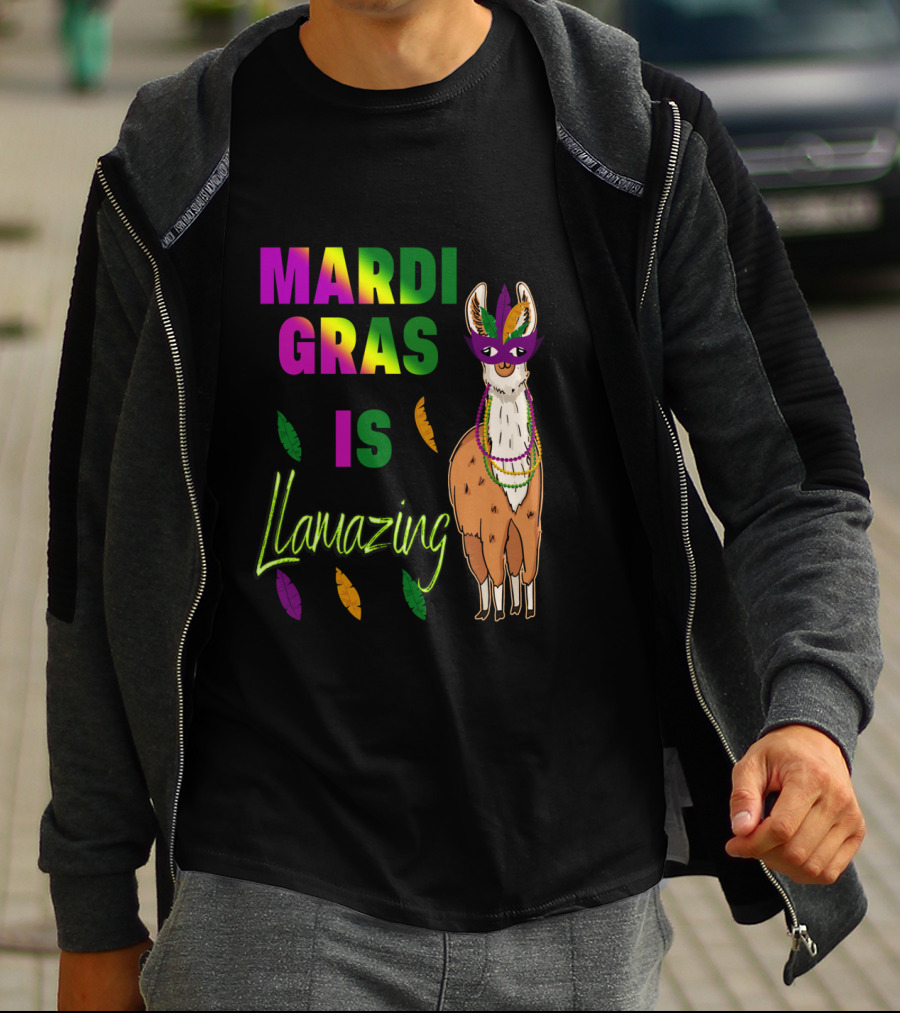 Mardi Gras Is Llamazing Colorful Llama With Mask And Feathers T-Shirt