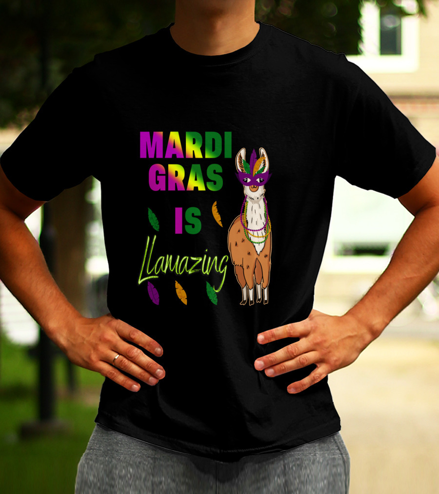 Mardi Gras Is Llamazing Colorful Llama With Mask And Feathers T-Shirt