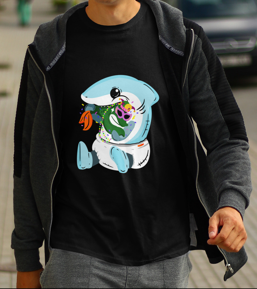 Mardi Gras Shark Baby Eating Bead-Covered Fish T-Shirt