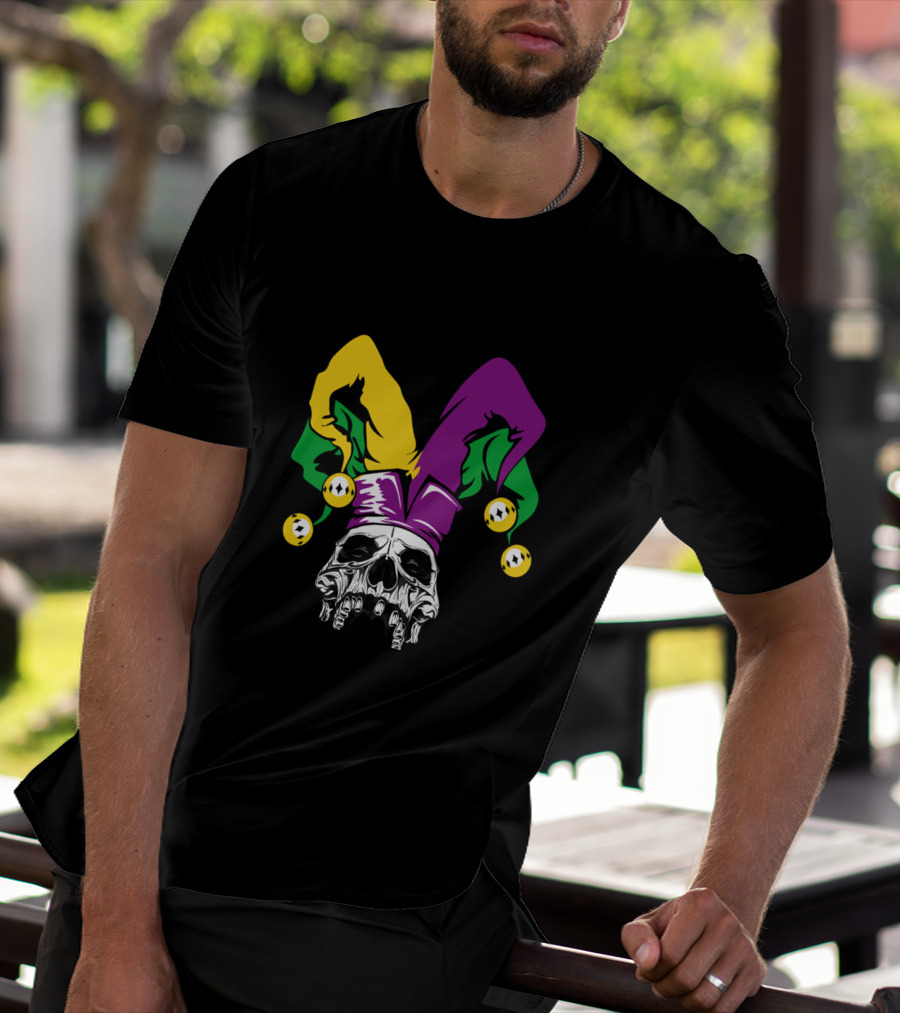 Mardi Gras Skull Jester Hat Purple Green Yellow T-Shirt